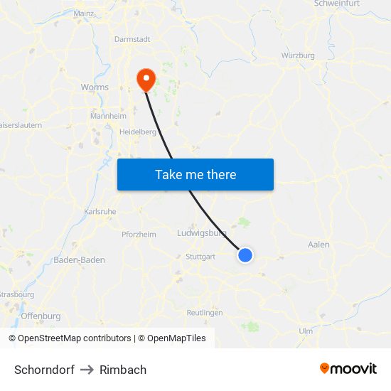 Schorndorf to Rimbach map