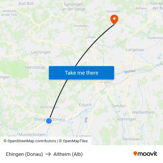 Ehingen (Donau) to Altheim (Alb) map