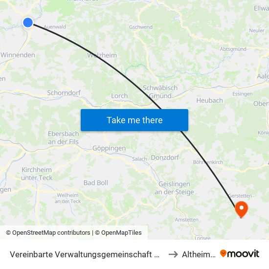 Vereinbarte Verwaltungsgemeinschaft Der Stadt Backnang to Altheim (Alb) map