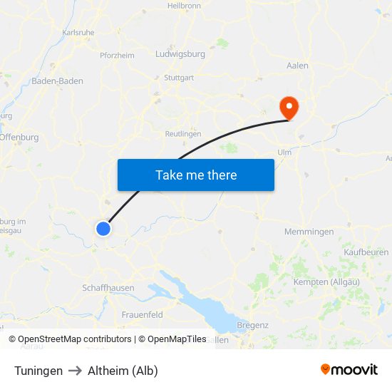 Tuningen to Altheim (Alb) map