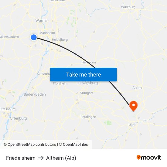 Friedelsheim to Altheim (Alb) map