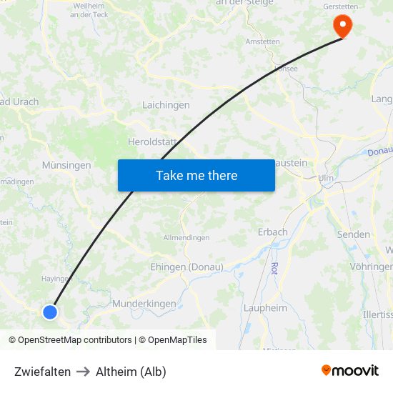 Zwiefalten to Altheim (Alb) map