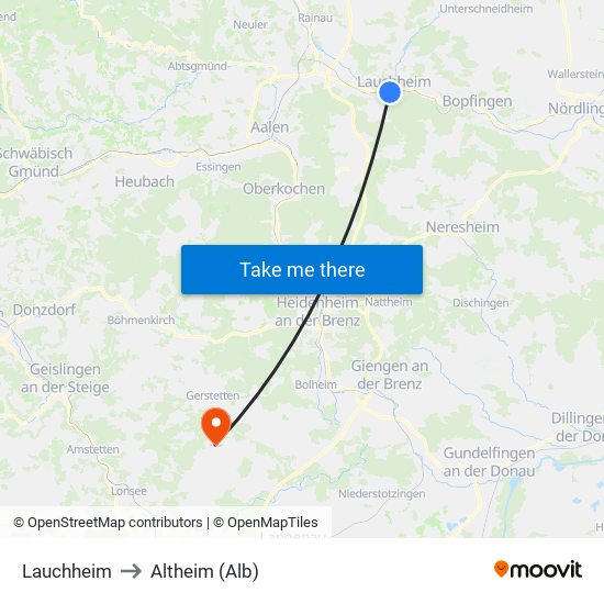 Lauchheim to Altheim (Alb) map