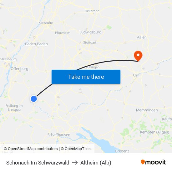 Schonach Im Schwarzwald to Altheim (Alb) map