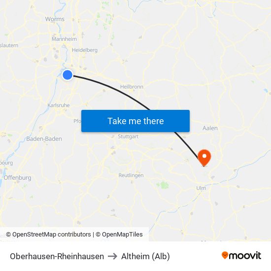 Oberhausen-Rheinhausen to Altheim (Alb) map