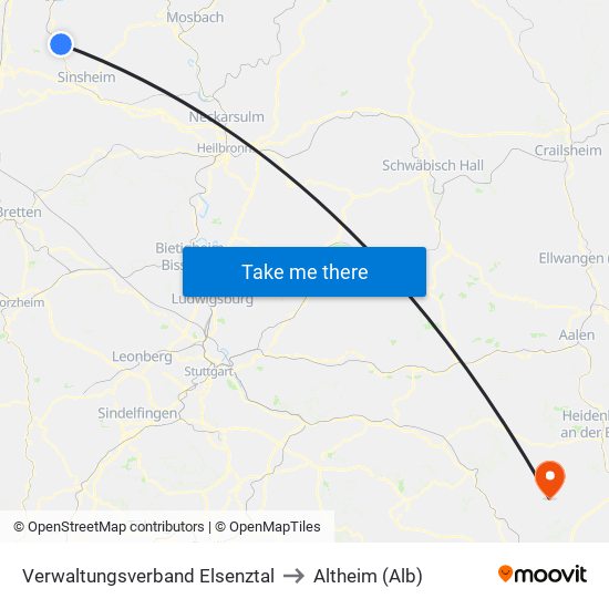 Verwaltungsverband Elsenztal to Altheim (Alb) map