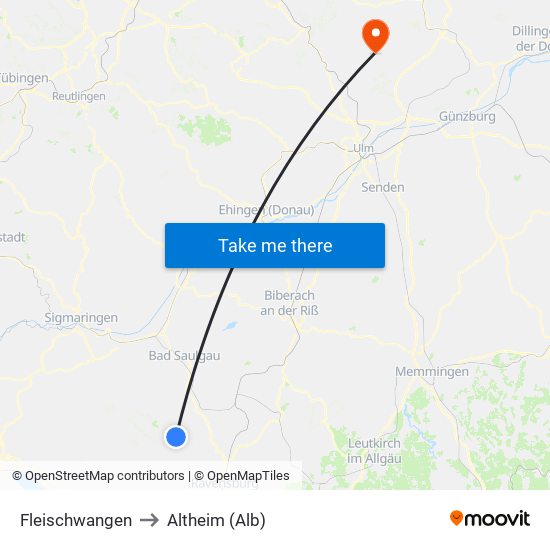 Fleischwangen to Altheim (Alb) map