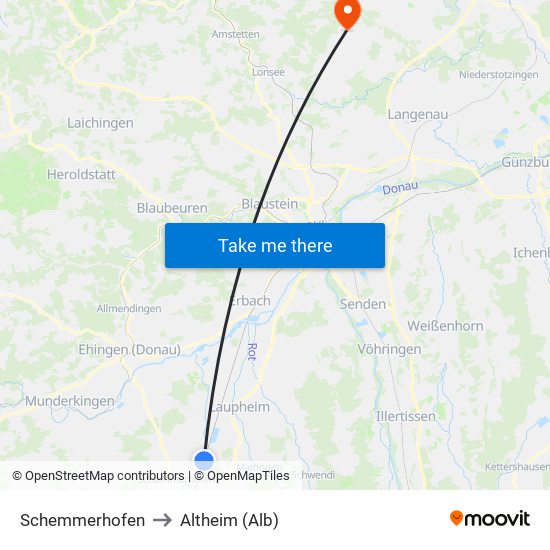 Schemmerhofen to Altheim (Alb) map