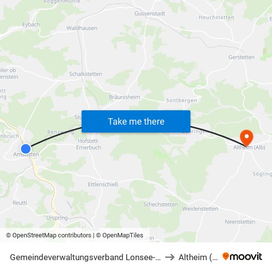 Gemeindeverwaltungsverband Lonsee-Amstetten to Altheim (Alb) map