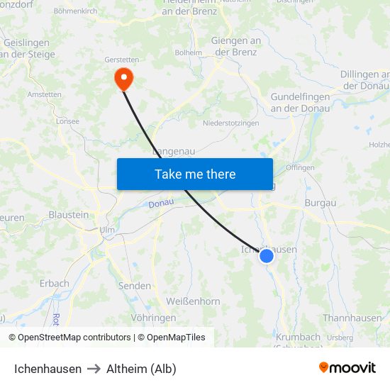 Ichenhausen to Altheim (Alb) map