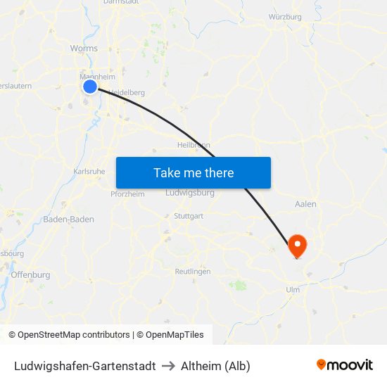 Ludwigshafen-Gartenstadt to Altheim (Alb) map