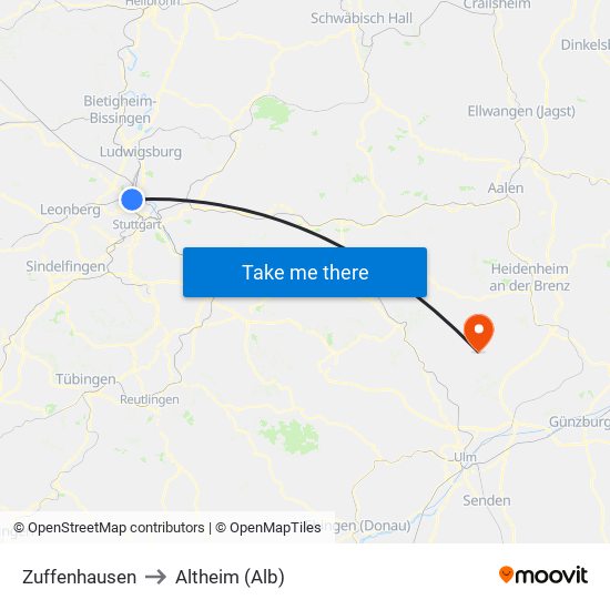 Zuffenhausen to Altheim (Alb) map