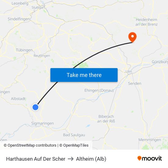 Harthausen Auf Der Scher to Altheim (Alb) map