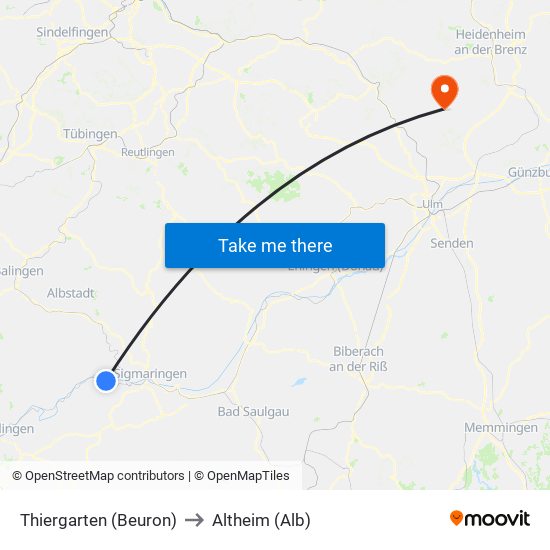 Thiergarten (Beuron) to Altheim (Alb) map