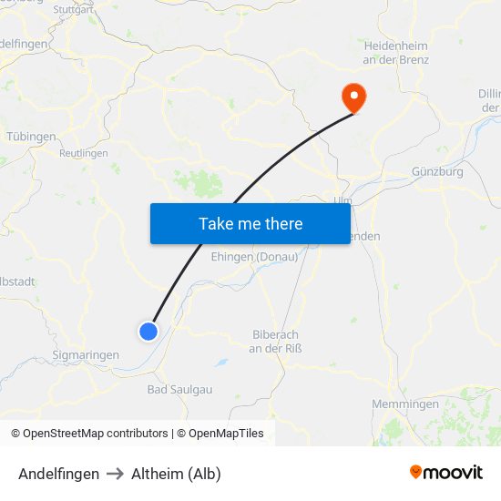 Andelfingen to Altheim (Alb) map