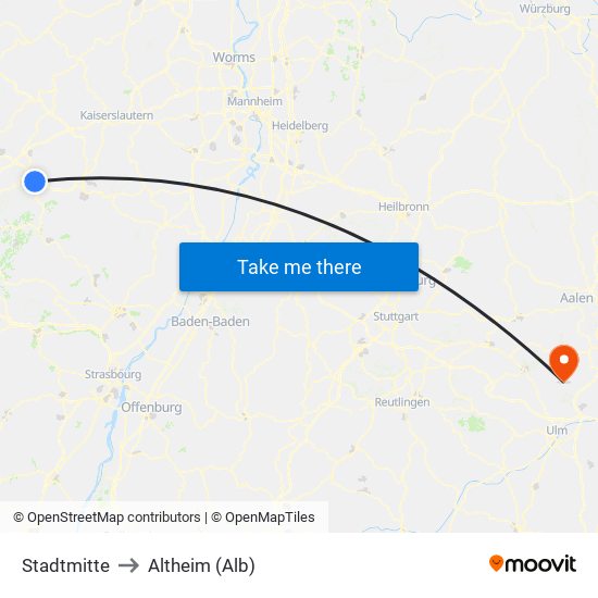 Stadtmitte to Altheim (Alb) map