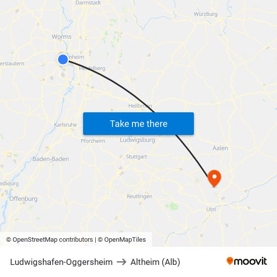 Ludwigshafen-Oggersheim to Altheim (Alb) map