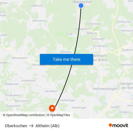 Oberkochen to Altheim (Alb) map