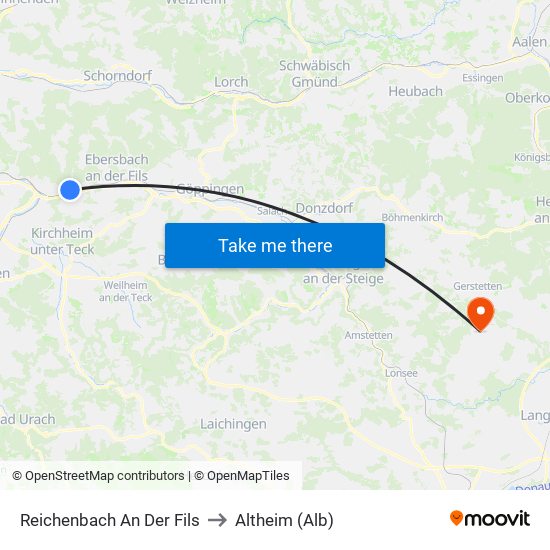 Reichenbach An Der Fils to Altheim (Alb) map