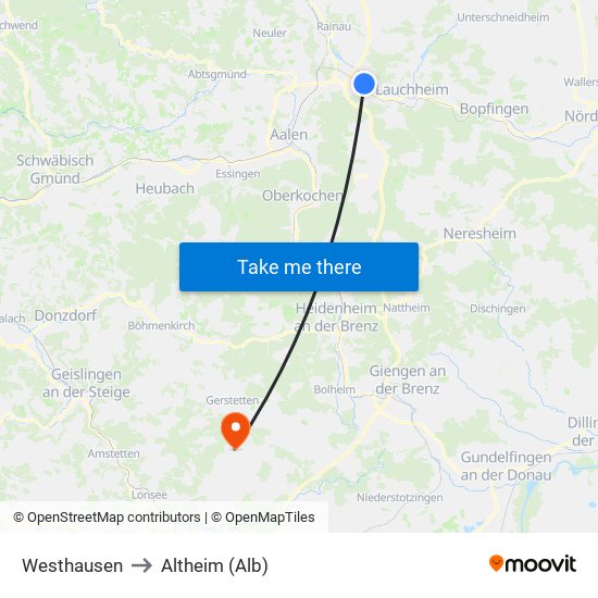 Westhausen to Altheim (Alb) map