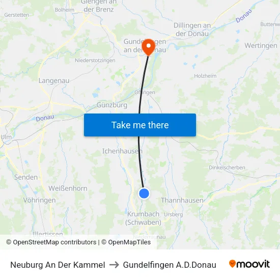 Neuburg An Der Kammel to Gundelfingen A.D.Donau map