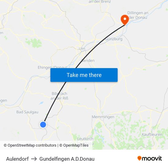 Aulendorf to Gundelfingen A.D.Donau map