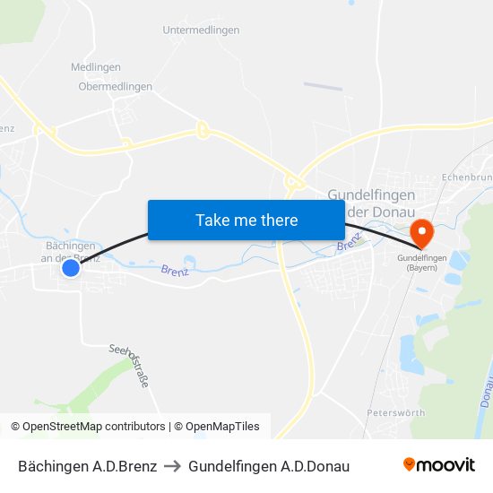 Bächingen A.D.Brenz to Gundelfingen A.D.Donau map