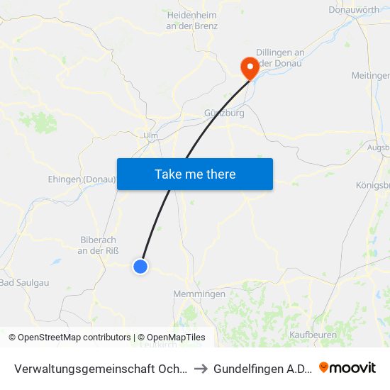 Verwaltungsgemeinschaft Ochsenhausen to Gundelfingen A.D.Donau map