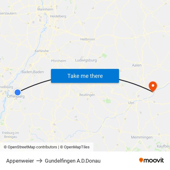 Appenweier to Gundelfingen A.D.Donau map