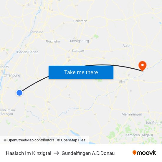 Haslach Im Kinzigtal to Gundelfingen A.D.Donau map