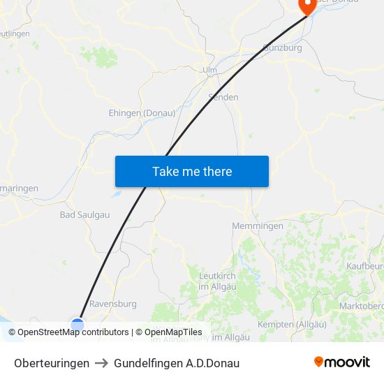 Oberteuringen to Gundelfingen A.D.Donau map