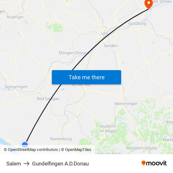 Salem to Gundelfingen A.D.Donau map