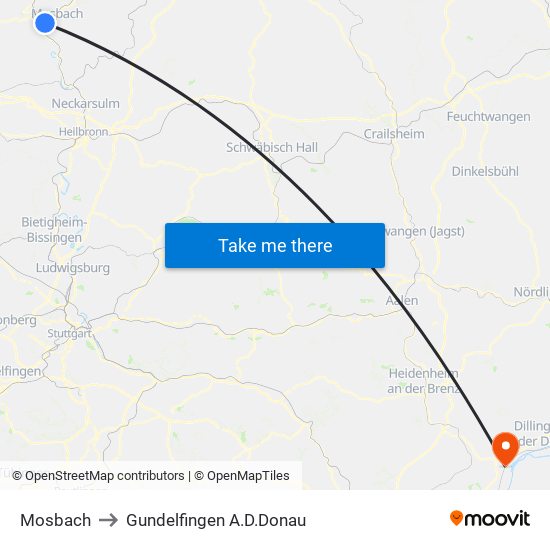 Mosbach to Gundelfingen A.D.Donau map