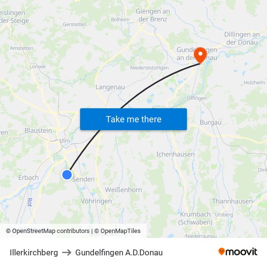 Illerkirchberg to Gundelfingen A.D.Donau map