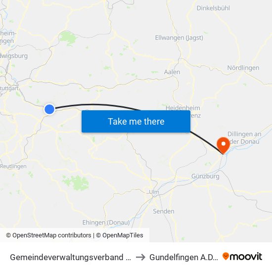 Gemeindeverwaltungsverband Plochingen to Gundelfingen A.D.Donau map