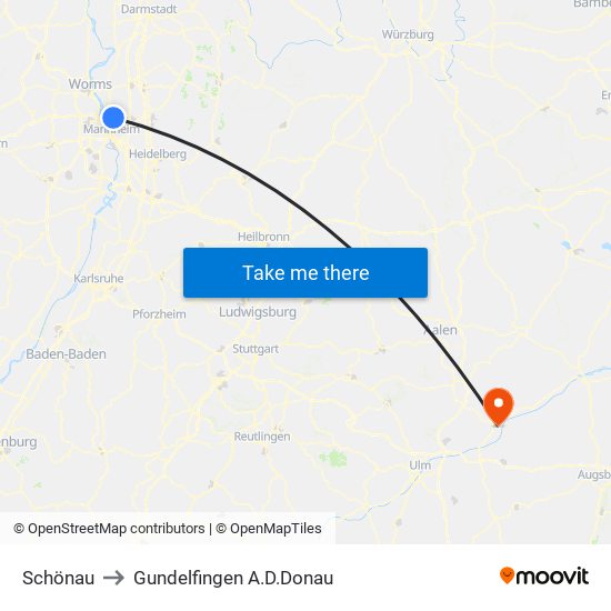 Schönau to Gundelfingen A.D.Donau map