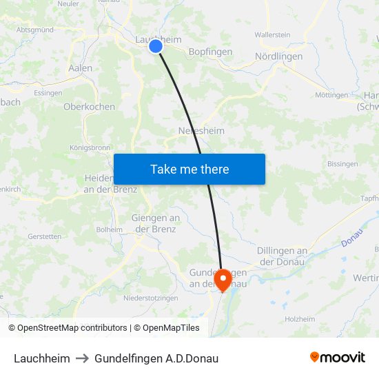 Lauchheim to Gundelfingen A.D.Donau map