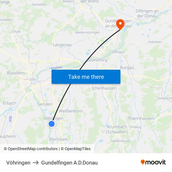 Vöhringen to Gundelfingen A.D.Donau map