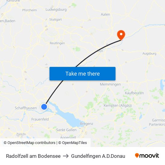 Radolfzell am Bodensee to Gundelfingen A.D.Donau map