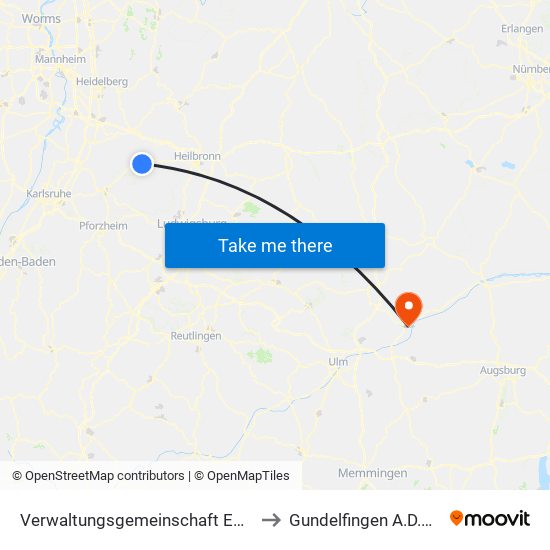 Verwaltungsgemeinschaft Eppingen to Gundelfingen A.D.Donau map