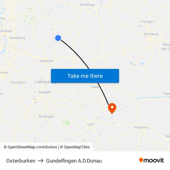 Osterburken to Gundelfingen A.D.Donau map