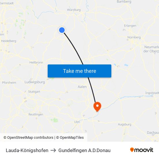 Lauda-Königshofen to Gundelfingen A.D.Donau map