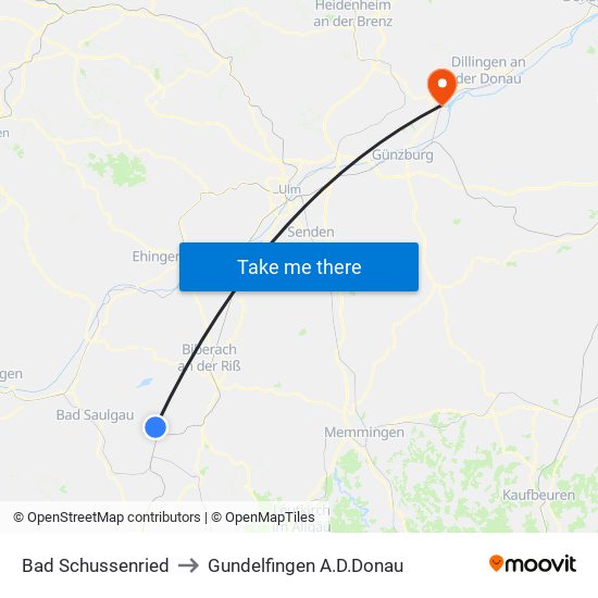 Bad Schussenried to Gundelfingen A.D.Donau map