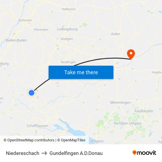 Niedereschach to Gundelfingen A.D.Donau map