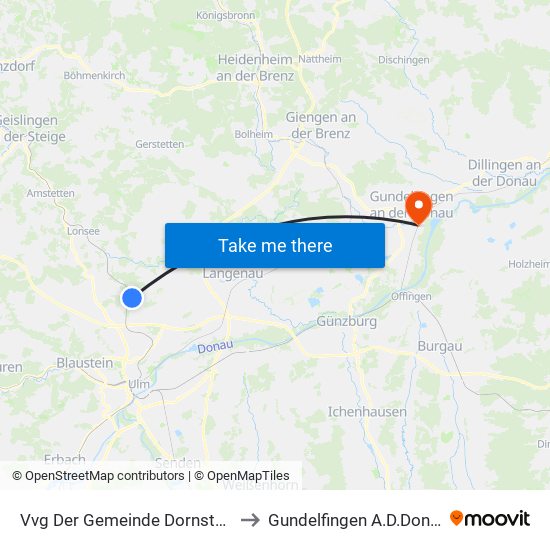 Vvg Der Gemeinde Dornstadt to Gundelfingen A.D.Donau map