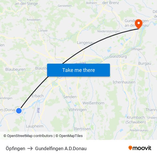 Öpfingen to Gundelfingen A.D.Donau map