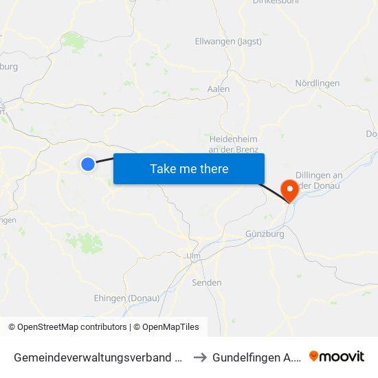 Gemeindeverwaltungsverband Raum Bad Boll to Gundelfingen A.D.Donau map
