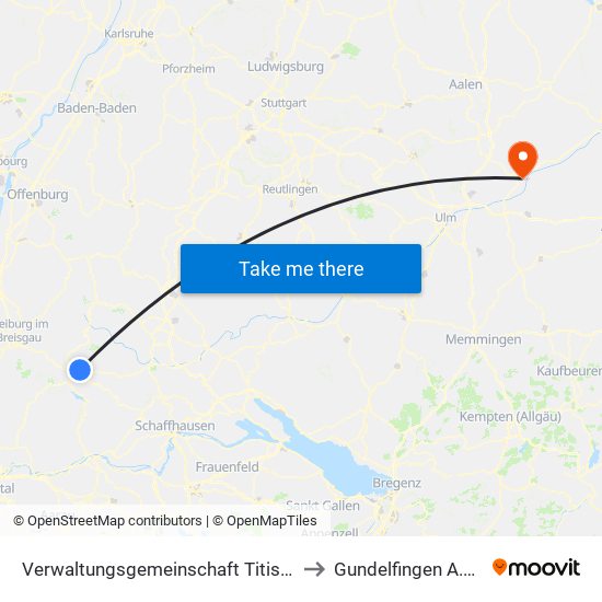 Verwaltungsgemeinschaft Titisee-Neustadt to Gundelfingen A.D.Donau map
