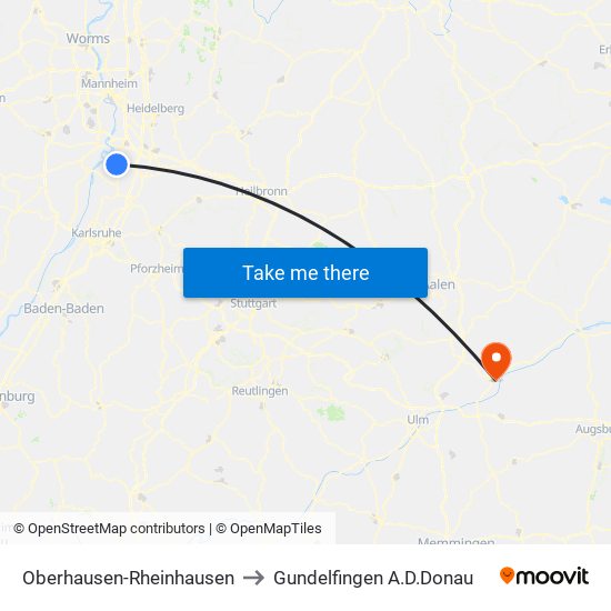 Oberhausen-Rheinhausen to Gundelfingen A.D.Donau map