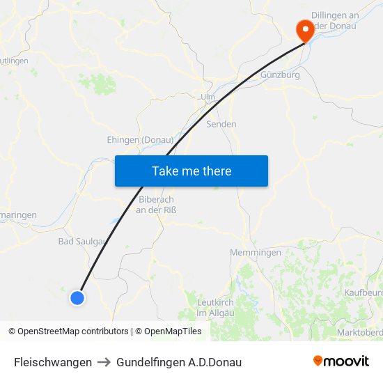 Fleischwangen to Gundelfingen A.D.Donau map
